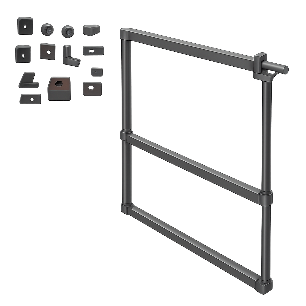 Conjunto de regulagem de rama para máquina de corte e vinco, mecanismo lateral de ajuste de largura e alinhamento do papelão.
