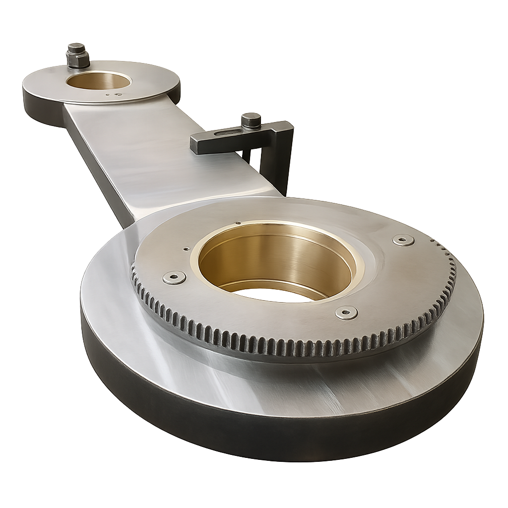 Braço de comando para máquina de corte e vinco industrial, componente mecânico responsável pela transmissão de movimento e sincronização dos eixos de corte